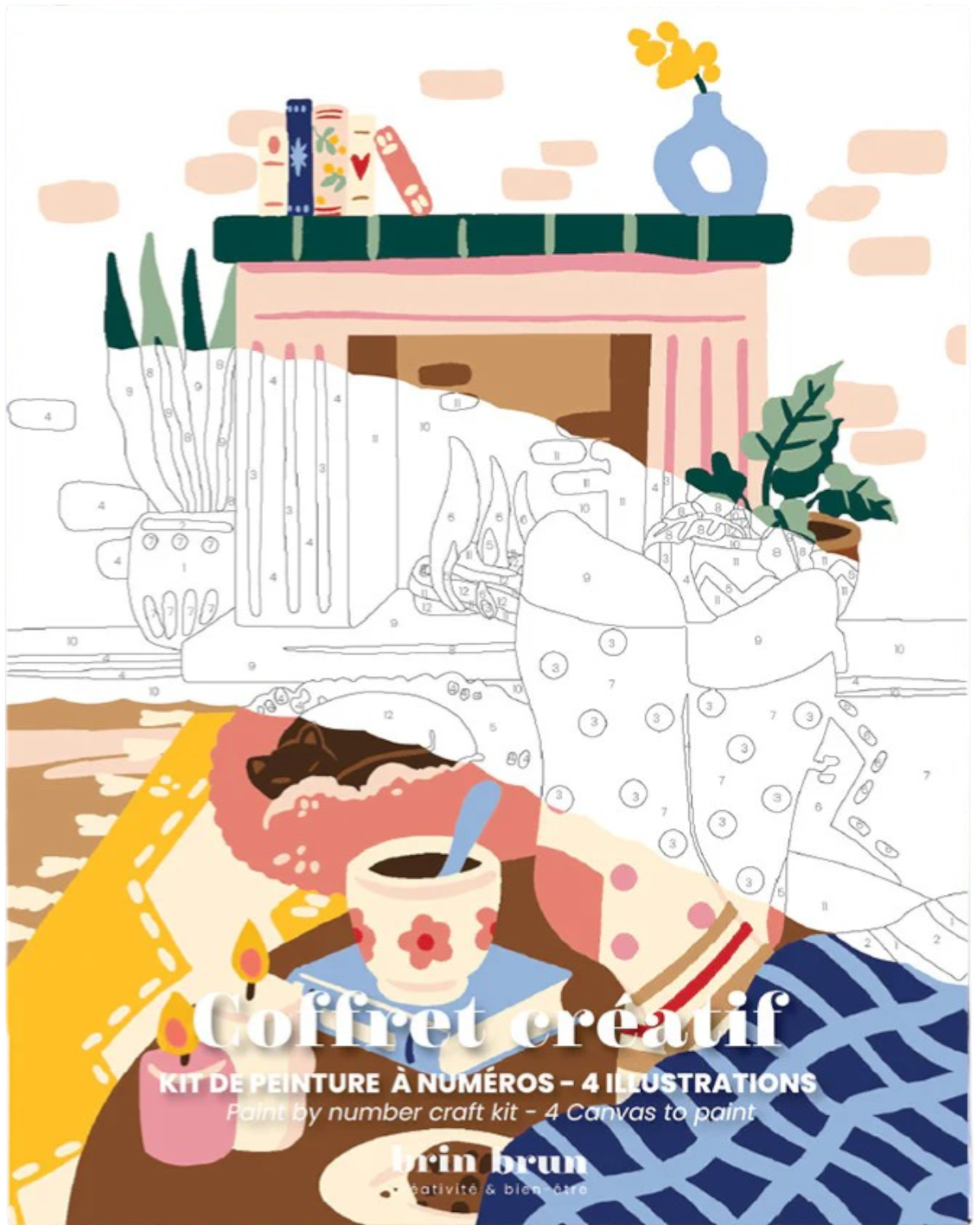 Kit de peinture par numéros Hygge - Brin Brun, coffret créatif 4 illustrations cosy par Caroline Falcini