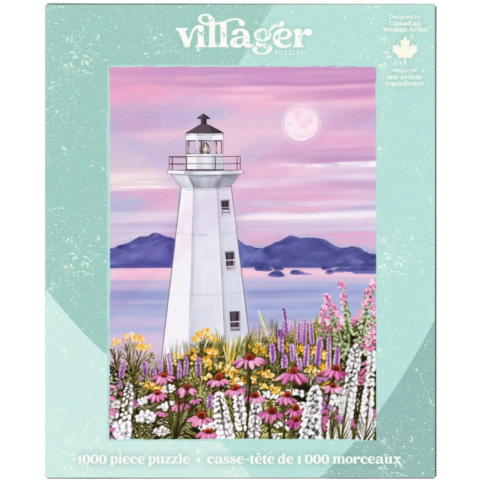 Puzzle 1000 pièces Villager - phare au coucher de soleil entouré de fleurs sauvages, artiste canadienne
